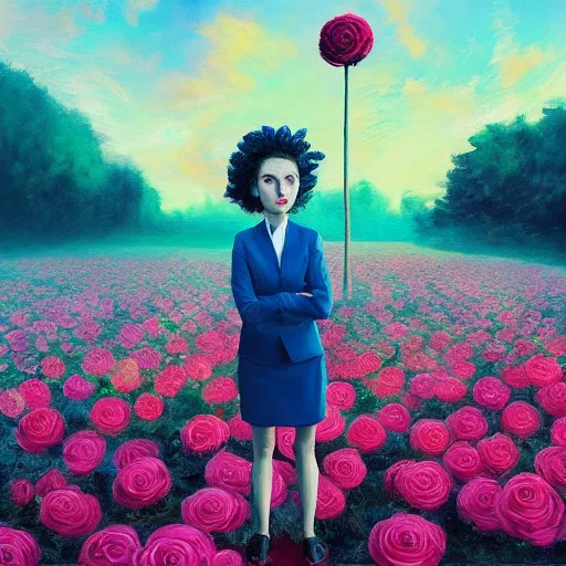 Image similar to closeup, giant rose flower head, frontal, girl in a suit, surreal photography, sunrise, blue sky, dramatic light, impressionist painting, digital painting, artstation, simon stalenhag