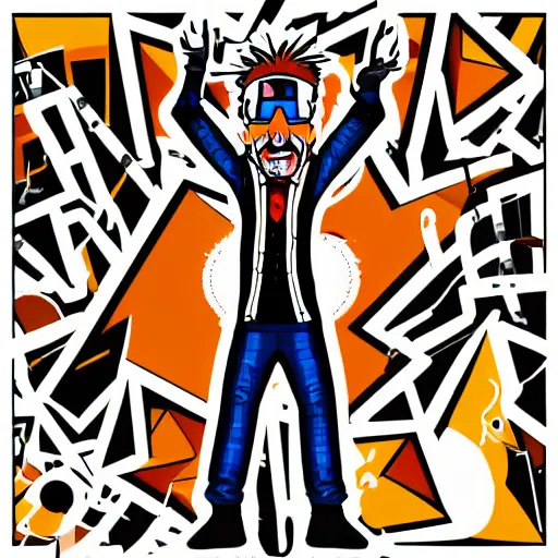 Image similar to svg vector sticker of absolutely insane-mad-scientist-villain, rocking out, wearing headphones, huge speakers, dancing, rave, DJ, spinning records, digital art, amazing composition, rule-of-thirds, award-winning, trending on artstation, featured on deviantart