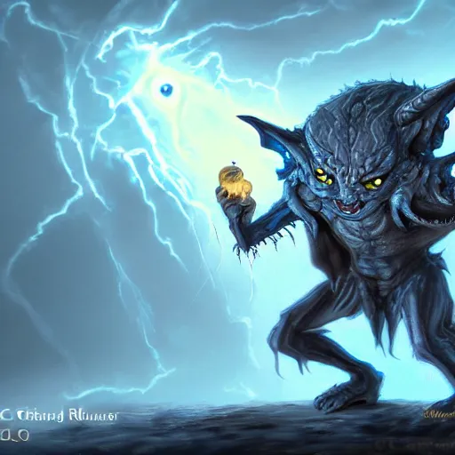 Image similar to a highly detailed goblin with grey skin and blue eyes that glow, with a tornado in his hand, like magic the gathering, goblin chainwalker, digital art, by christopher rush