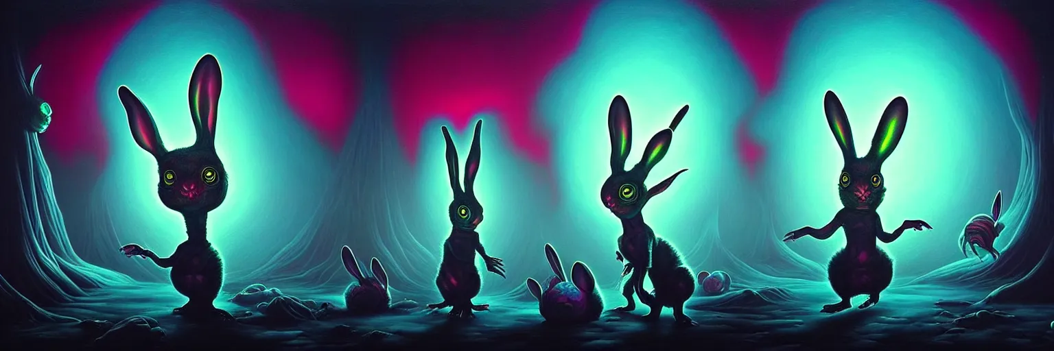 Prompt: strange alien bunny creatures from the depths of the collective unconscious, dramatic lighting, surreal darkly colorful painting by ronny khalil