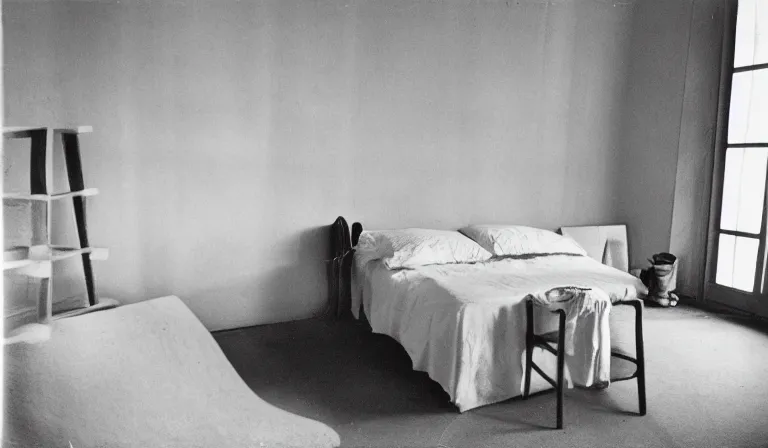 Prompt: A bedroom designed by Marcel Duchamp, 35mm film, long shot