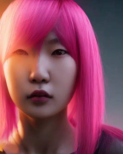 Image similar to portrait of a beautiful asian woman with pink hair as a cyberpunk cyborg half robot, sci - fi, missing panels, intricate abstract upper body intricate artwork, concept art, octane render, deviantart, cinematic, key art, hyperrealism, iridescent accents, portrait photograph, nikon 3 5 mm, photograph by greg rutkowski