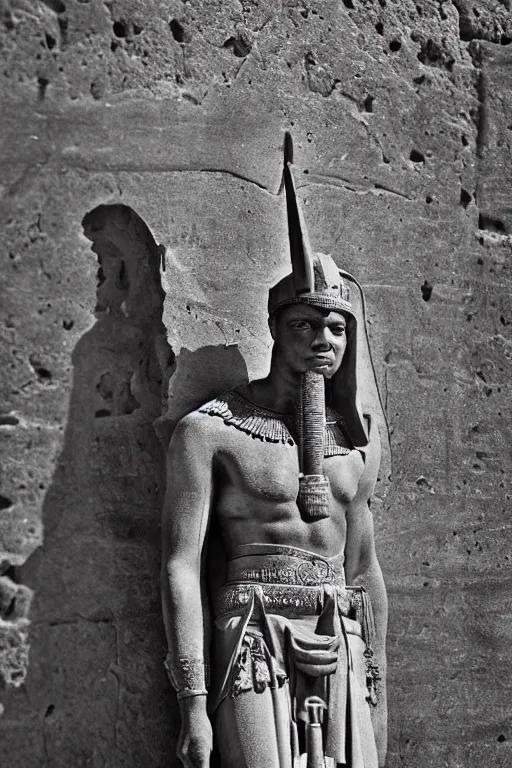 Image similar to a dramatic hero portrait of an ancient nubian temple guard in old egypt. photography photo art. cover of national geographic magazine