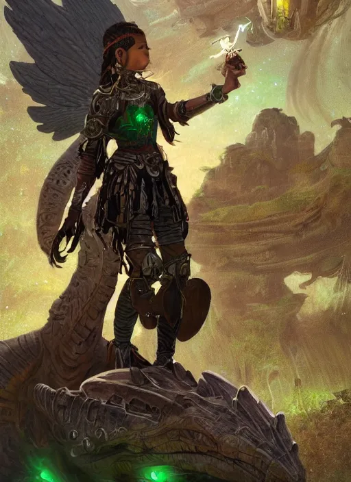 Image similar to portrait of a little cyborg warrior girl character sitting on top of a giant armored dinosaur bird flying in space, epic character with dark skin and beautiful green eyes. the girl has a very beautiful detailed symmetrical face, long black hair. diffuse night light, dramatic landscape, fantasy illustration, matte painting by mucha