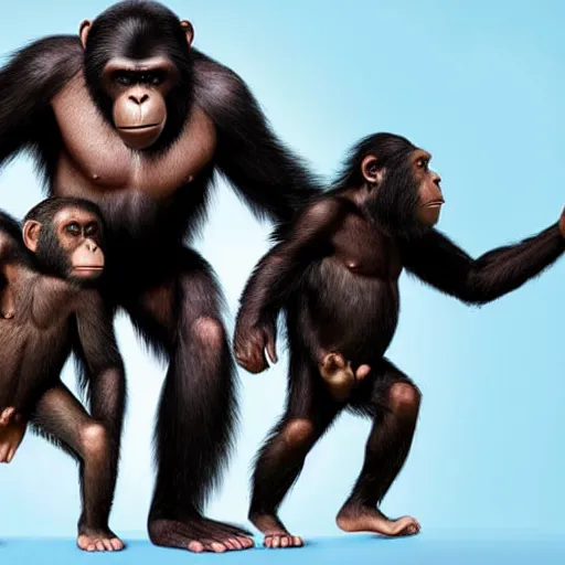 Image similar to a family of apes riding on the back of a giant human hand in front of a white background