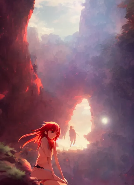 Prompt: anime girl in a cave, red hair, gorgeous face, anime style, digital art, by makoto shinkai, by wenjun lin, perfect shading