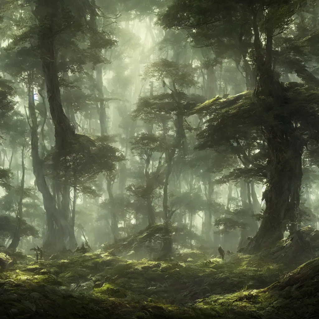 Image similar to A beuatiful forest by Greg Rutkowski, Sung Choi, Mitchell Mohrhauser, Maciej Kuciara, Johnson Ting, Maxim Verehin, Peter Konig, final fantasy , 8k photorealistic, cinematic lighting, HD, high details, atmospheric,