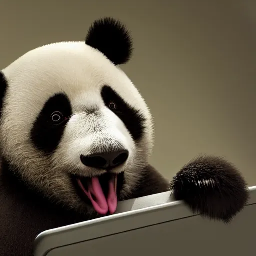 Image similar to A bored baby Panda yawning while working on his laptop, hyperrealistic, highly detailed, depth of field, High definition, 8k, octane render, artstation