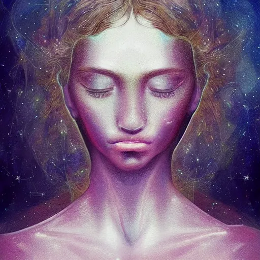 Image similar to beautiful detailed artistic portrait of a person travelling between different astral planes. grainy and rough. fine detail. soft colour scheme. artistic painting by lurid ( 2 0 2 2 ). featured on deviantart.