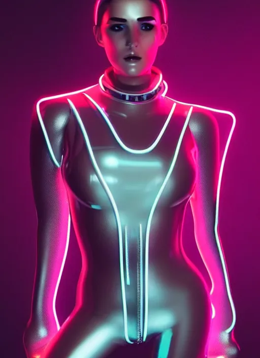 Image similar to a sensual female humanoid with freckles cheeks, retro futurism, cyber neon lighting, detailed futuristic jewelry, retro futuristic glossy latex suit, transparent vest, profile posing, hyper photorealistic, crispy quality, digital photography, trending in artstation, trending in pinterest, cinematic, 4 k ultra hd, art by pascal blanche, art by greg rutkowski,
