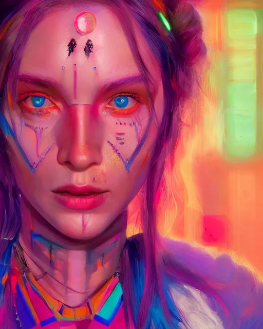 Image similar to colorful character portrait of a female hippie, set in the future 2 1 5 0 | highly detailed face | very intricate | symmetrical | cinematic lighting | award - winning | painted by mandy jurgens | pan futurism, dystopian, bold colors, cyberpunk, groovy vibe, anime aesthestic | featured on artstation