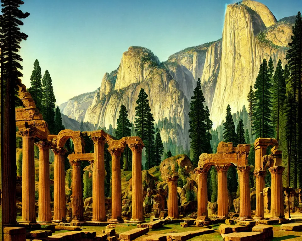 Image similar to an achingly beautiful print of roman ruins in the middle of Yosemite valley by Raphael, Hopper, and Rene Magritte. detailed, romantic, enchanting, trending on artstation.