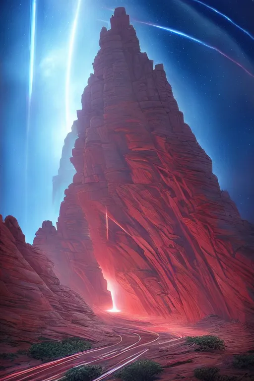 Image similar to futuristic temple in red canyon, star trails above, dramatic lighting, artstation, matte painting, ralph mcquarrie, raphael lacoste, zaha hadid