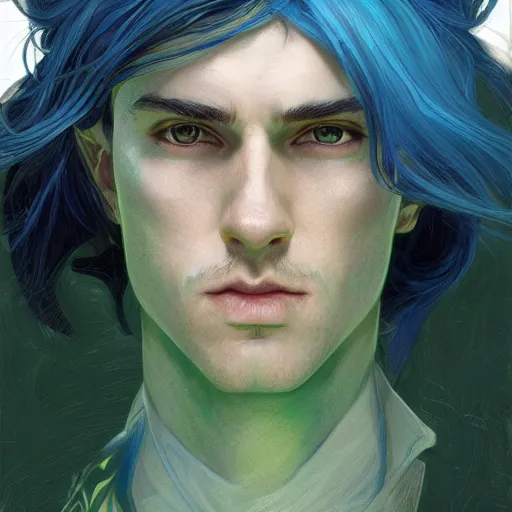 Prompt: Portrait of adult boy, blue hair flowing, green eyes, intricate, elegant, highly detailed, digital painting, artstation, concept art, smooth, sharp focus, illustration, art by artgerm and greg rutkowski and alphonse mucha