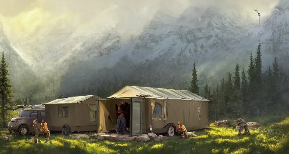 Image similar to cabela's beautiful comfortable community of modular insulated wall container home kit - house all weather military grade family dwelling tent house, person in foreground, mountainous forested wilderness open fields, beautiful views, painterly concept art, environmental concept art, concept art illustration, by james gurney, by craig mullins, by greg rutkowski trending on artstation