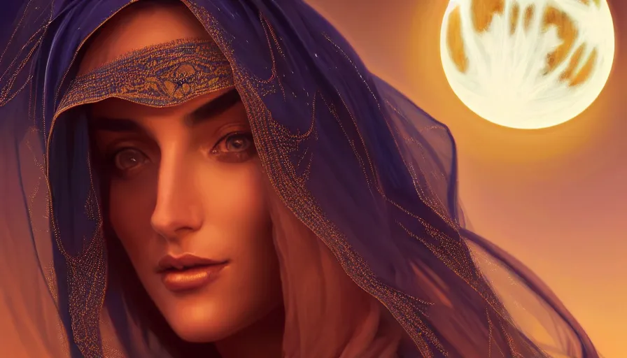 Image similar to Portrait of very very very very very very beautiful Arab woman wearing a Niqab, glowing magical eyes, energy trails, under giant full moon in the desert at night, intricate, elegant, highly detailed, digital painting, artstation, concept art, smooth, sharp focus, illustration, art by artgerm and greg rutkowski and alphonse mucha