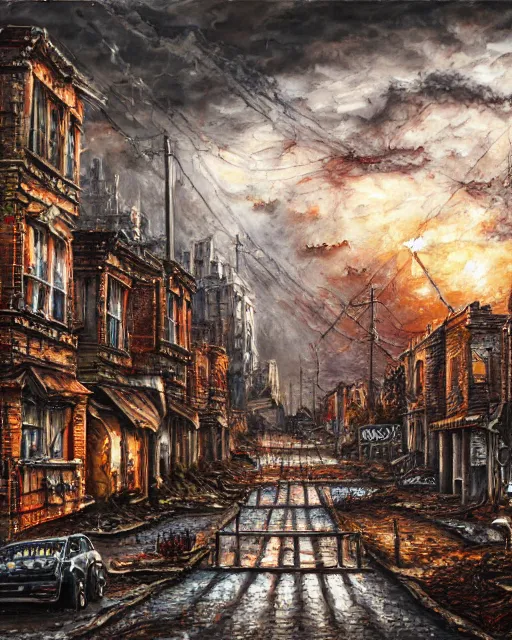 Prompt: oil painting landscape of a zombie apocalypse city, high production value, intricate details, high resolution, hdr, high definition, masterpiece, realistic, ultrarealistic, highly detailed, hd, sharp focus, non blurry, sharp, smooth