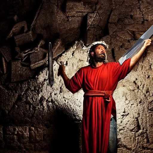 Image similar to award winning cinematic still of nighttime with 40 year old Mediterranean skinned man in Ancient Canaanite clothing fixing a ruined, crumbled wall in Jerusalem, holding a sword and a chisel, dramatic lighting, nighttime, strong shadows, bright red hues, directed by Michael Bay