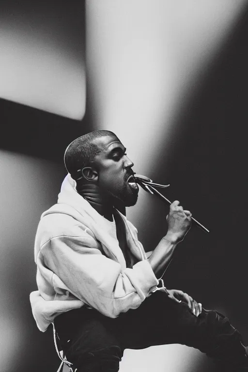 Image similar to kanye west with a giant crustacean crawling out of his mouth black and white photograph 50mm