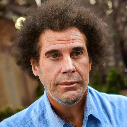 Prompt: portrait photograph, A man who looks indistinguishable from Cosmo Kramer, pensive, depth of field, bokeh