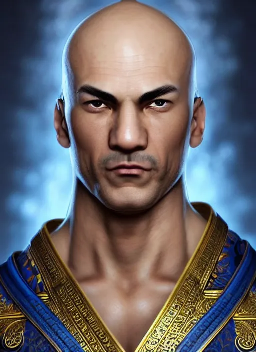 Prompt: bald male martial artist with a ponytail at the top of his head!!! asian facial features and blue eyes!! intricate ornate blue robes!! character concept art, sharp focus, octane render! unreal engine 5! highly rendered!! trending on artstation!! detailed linework!! illustration by artgerm, wlop, and chie yoshii