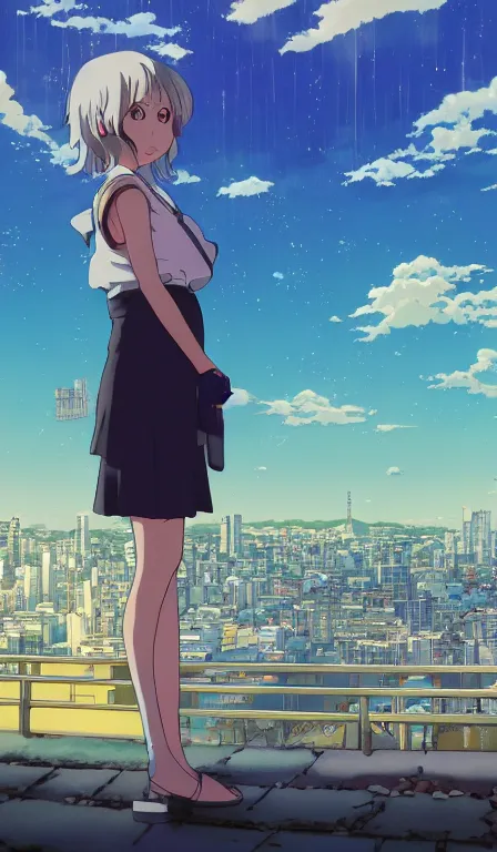 Image similar to anime fine details portrait of Makima in front of modern tokyo city landscape on the background deep bokeh, close-up view, anime masterpiece by Studio Ghibli, 8k, sharp high quality anime, artstation