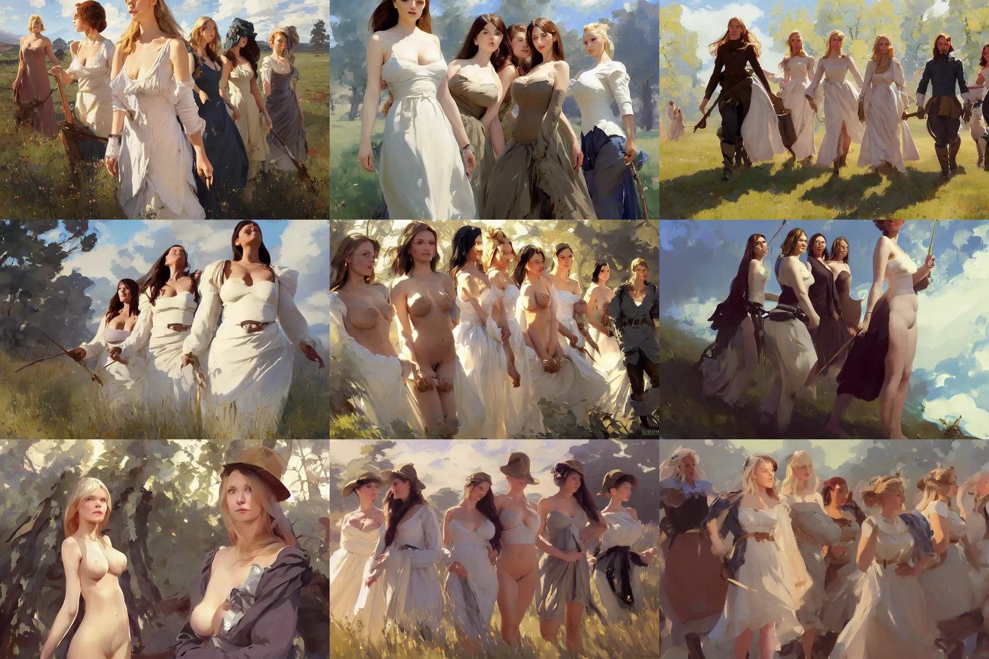 Prompt: five of beautiful finnish norwegian swedish scandinavian attractive glamour models wearing 1 7 th century stays with low neckline walking in the field in a sunny day, jodhpurs greg manchess painting by sargent and leyendecker, studio ghibli fantasy close - up shot asymmetrical intricate elegant matte painting illustration hearthstone, by greg rutkowski by greg tocchini by james gilleard