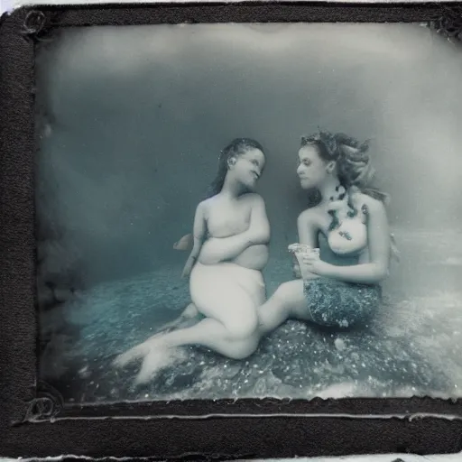 Prompt: tintype photo, underwater, mermaids swimming