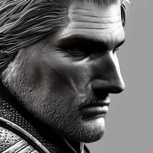 Image similar to close up of Geralt of Rivia, depth of field, 8k, 35mm film grain, unreal engine 5 render dramatic, intricate, elegant, highly detailed, digital painting, artstation, concept art, smooth, sharp focus, illustration, octane render, art by Leesha Hannigan, Ross Tran, Thierry Doizon, Kai Carpenter, Ignacio Fernández Ríos