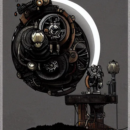 Prompt: an illustration of a mechanical moon against a black sky, steampunk, trending on artstation