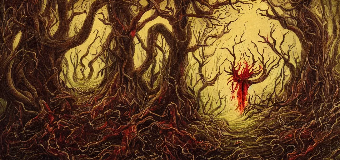 Prompt: A horror painting of a dark fantasy forest, hidden monster, pain, agony, sorrow