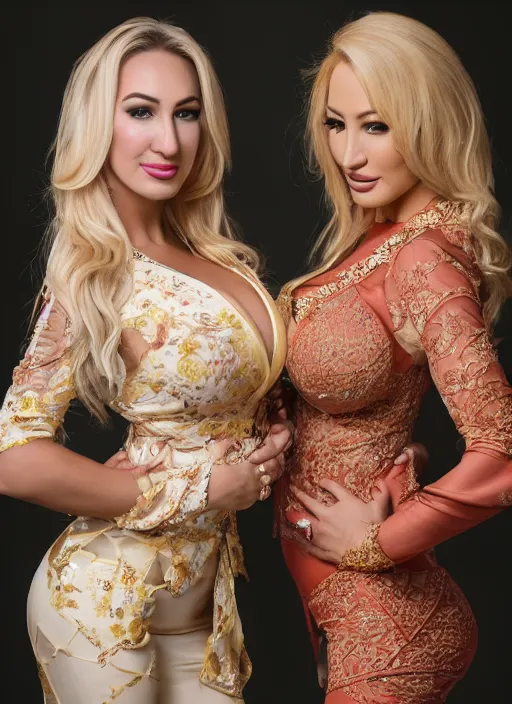 Image similar to portrait of jordan carver and lindsey pelas wearing kebaya in jakarta, by charlotte grimm, natural light, detailed face, beautiful features, symmetrical, canon eos c 3 0 0, ƒ 1. 8, 3 5 mm, 8 k, medium - format print,