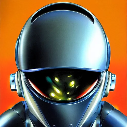 Image similar to a simple concept art portrait of an amazingly designed robot with a sleek modern helmet. an award winning yoshitaka amano digital art poster color painting. a masterpiece by james gurney. poster colour on canvas.