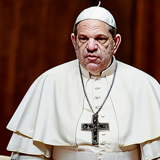 Prompt: Harvey Weinstein dressed in Pope\'s Outfit during a Speech in the Senate on Coruscant