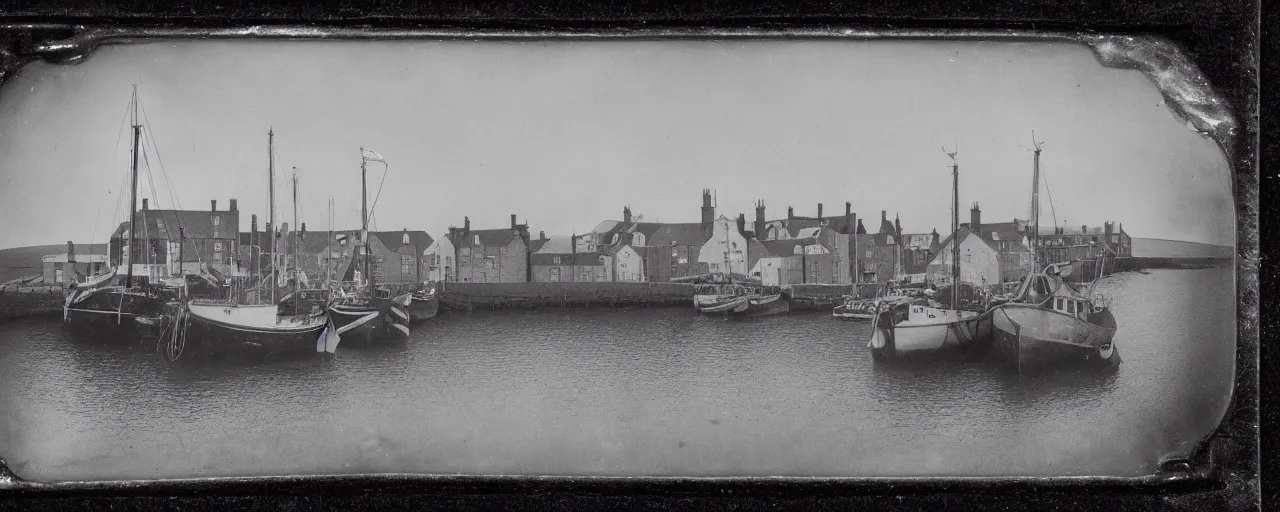 Image similar to a tintype photograph of the harbour at Stromness orkney