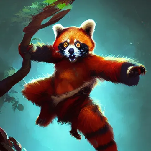 Image similar to red panda as dota 2 character, digital illustration portrait design, by android jones and greg rutkowski, retrowave color scheme, detailed, cinematic lighting, wide angle action dynamic portrait