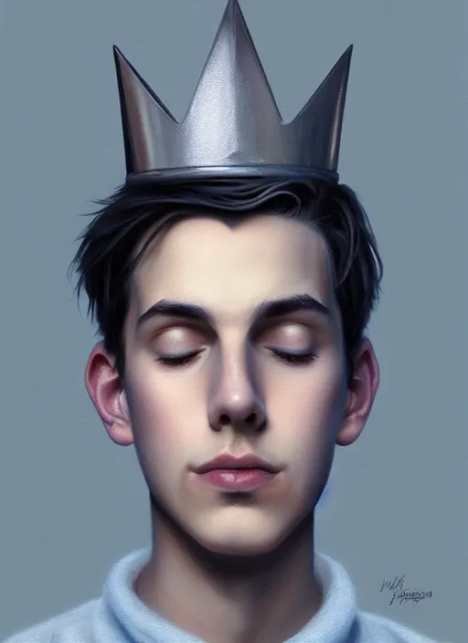 Image similar to portrait of teenage jughead jones wearing a light grey crown, photorealistic, crown, eyes closed, crown, black hair, intricate, elegant, glowing lights, highly detailed, digital painting, artstation, concept art, smooth, sharp focus, illustration, art by wlop, mars ravelo and greg rutkowski