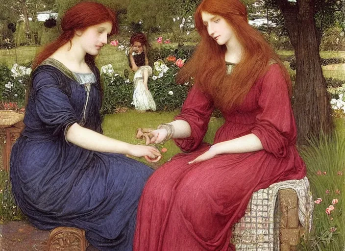 Image similar to a very very very beautiful Pre-Raphaelite painting of two very happy women in a lush garden brushing their hair, by Waterhouse