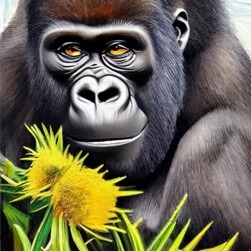 Prompt: a painting of a gorilla, hyper realistic painting in style of van gogh