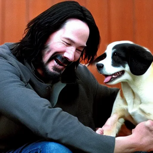 Prompt: claymation keanu reeves petting a happy dog