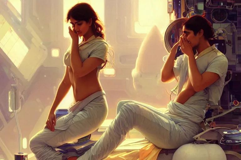 Prompt: Sensual good looking pale young Indian doctors wearing jeans in a space station above Earth performing surgery, portrait, elegant, intricate, digital painting, artstation, concept art, smooth, sharp focus, illustration, art by artgerm and greg rutkowski and alphonse mucha