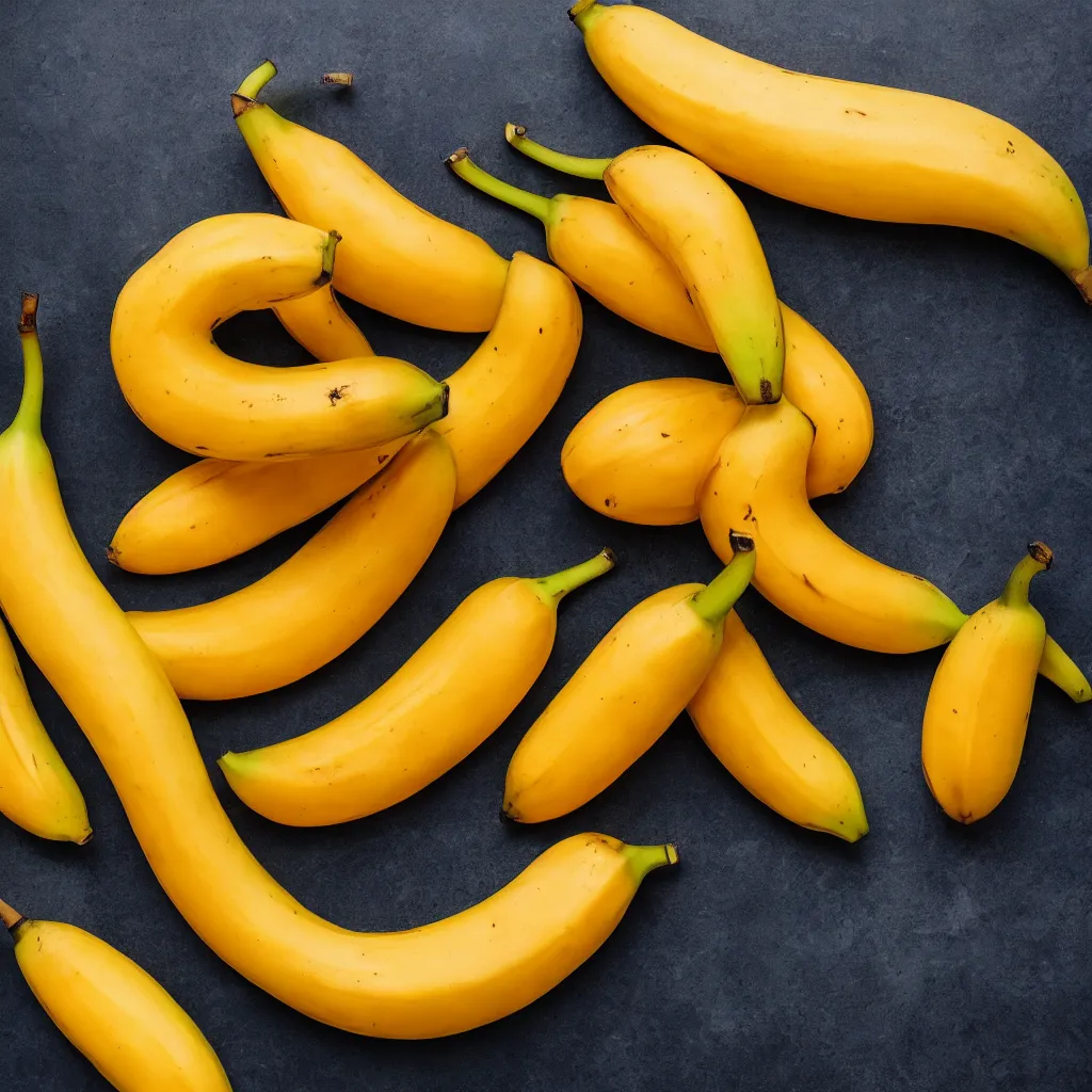Image similar to long spotted bananas in the shape of juicy ripe oranges, closeup, hyper real, food photography, high quality