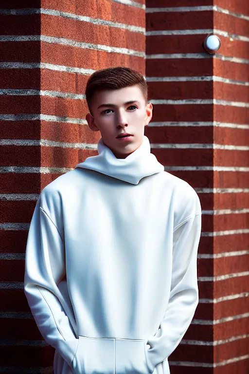 Image similar to un ultra high definition studio quality photographic art portrait of a young man standing on the rooftop of a british apartment building wearing soft padded silver pearlescent clothing. three point light. extremely detailed. golden ratio, ray tracing, volumetric light, shallow depth of field. set dressed.