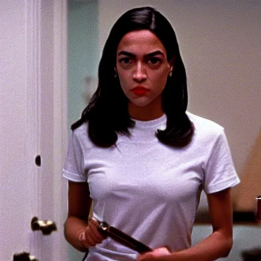 Image similar to Alexandria Ocasio Cortez wearing Tax the Rich tee shirt in American Psycho (1999)