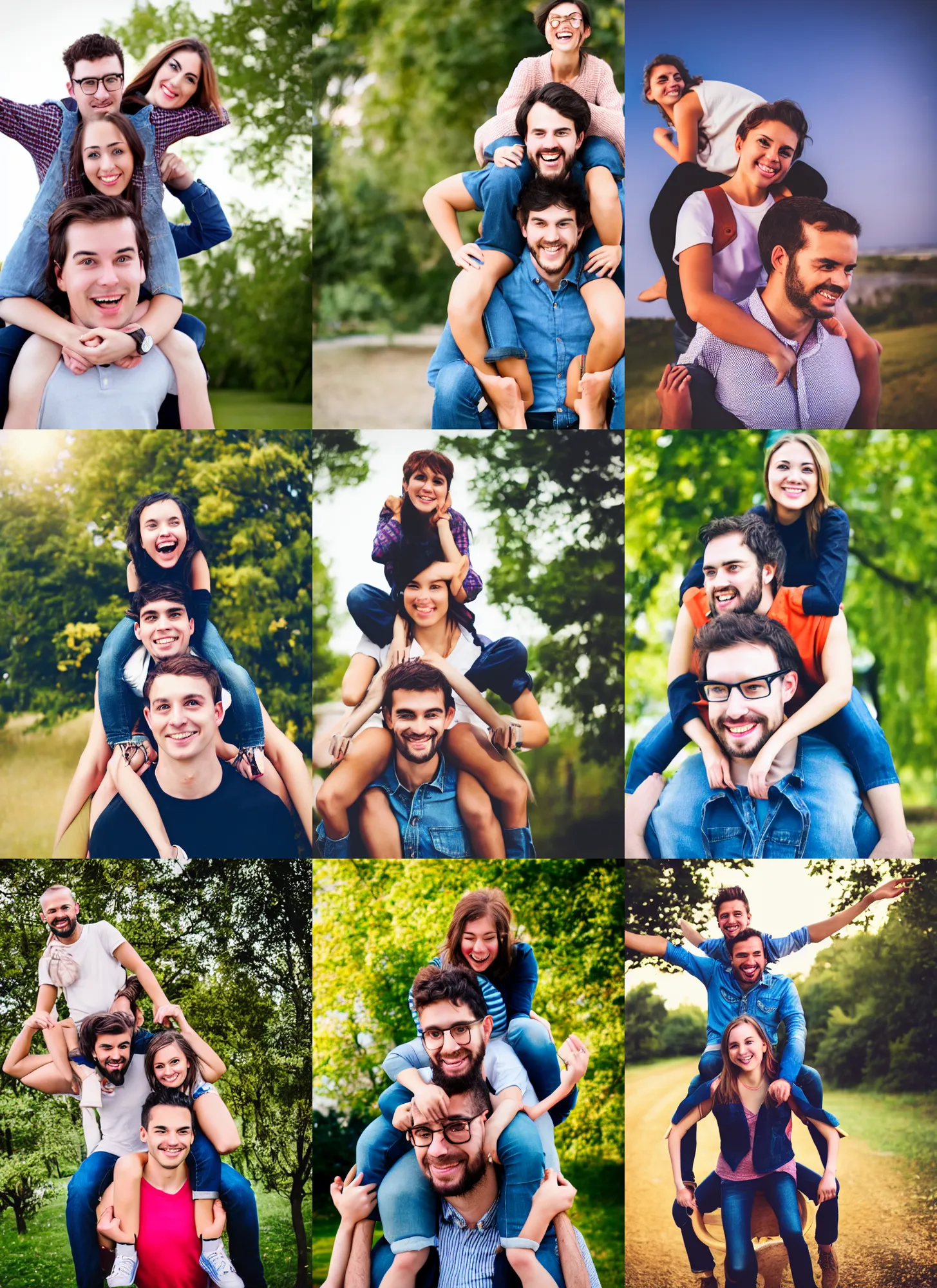 Prompt: girl sitting on shoulders of man, couple, happy, dslr