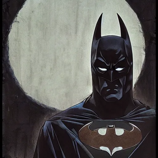 Image similar to portrait of batman with bloody clothes, intricate face, anime cel animation by kentaro miura, psychedelic, edited in photoshop, scary, epic, ilya kuvshinov, krenz cushart, artgerm, trending on artstation, edward hopper, dan mumford, wlop, rutkowski, beksinski, carl spitzweg, moebius