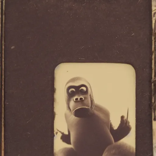 Image similar to tintype photo, underwater, King Kong and a squid