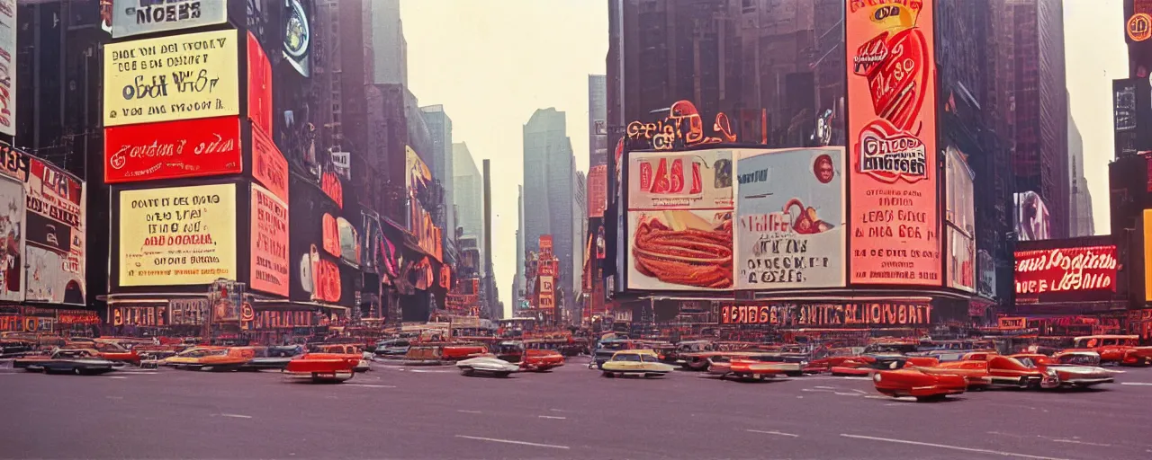 Image similar to wide shot of spaghetti advertisements in time square, 1 9 7 0's, fine detail, kodachrome, neon signs,