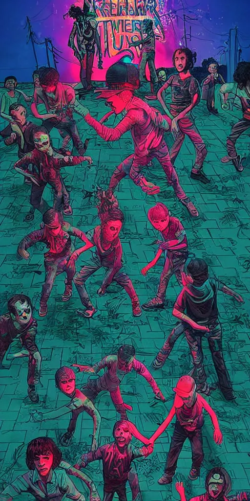 Image similar to young punk rockers fighting against zombies at the playground, by baseball bat in the retro wave stranger things style, neon colors, hyper detailed, digital art, cinematic lighting, concept art by artgerm and greg rutkowski and caravaggio and moebius and jakub rebelka