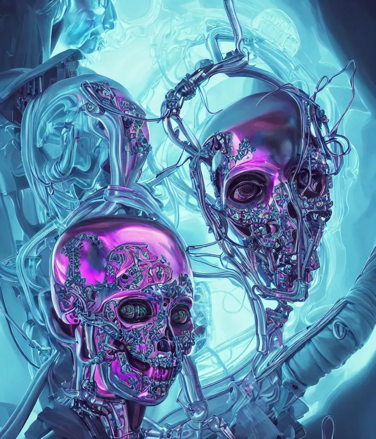 Image similar to fully symmetrical centered iridescent portrait of a beautiful princess demon in robe. skulls artificial muscles, ribcage, bones, hard surface modelling. cyberpunk look. biomechanical mask. bio luminescent biomechanical halo around head. neon jellyfish. artwork by jarold Sng by artgerm, by Eddie Mendoza, by Peter mohrbacher by emil melmoth, by zdzislaw beksinski, unreal engine, octane render, cinematic light, high details, iridescent colors, dichroic, macro, depth of field, blur